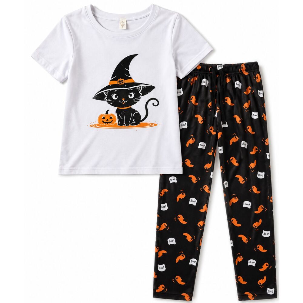 Women’s Halloween Black Cat Pajama Set Short Sleeve Top Pants Size L